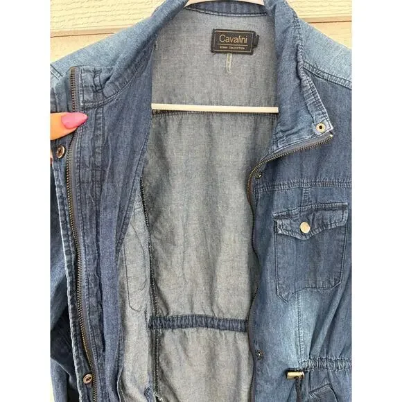 Cavalini Denim Utility Jacket | Zip Front Drawstring Waist | Lightweight | Size - Picture 7 of 9